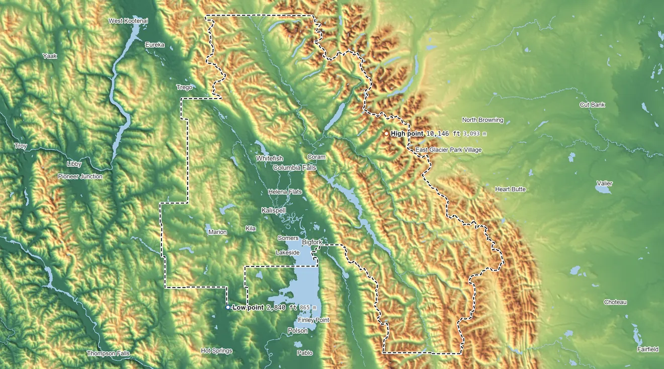 Topographic elevation map of Flathead County, Montana, shaded from 2,840 ft on the southwest side to 10,146 ft on Mount Stimson