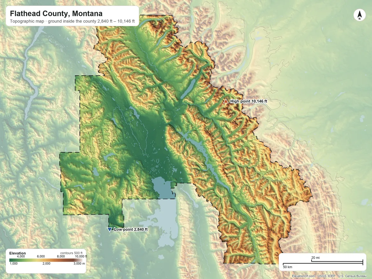 Topographic elevation map of Flathead County, Montana, shaded from 2,840 ft on the southwest side to 10,146 ft on Mount Stimson