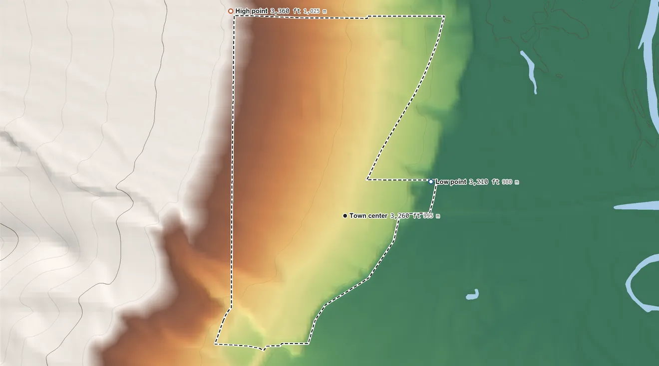 Topographic elevation map of Florence, Montana, shaded from 3,210 ft on the east side to 3,360 ft at the foot of the Bitterroot Mountains