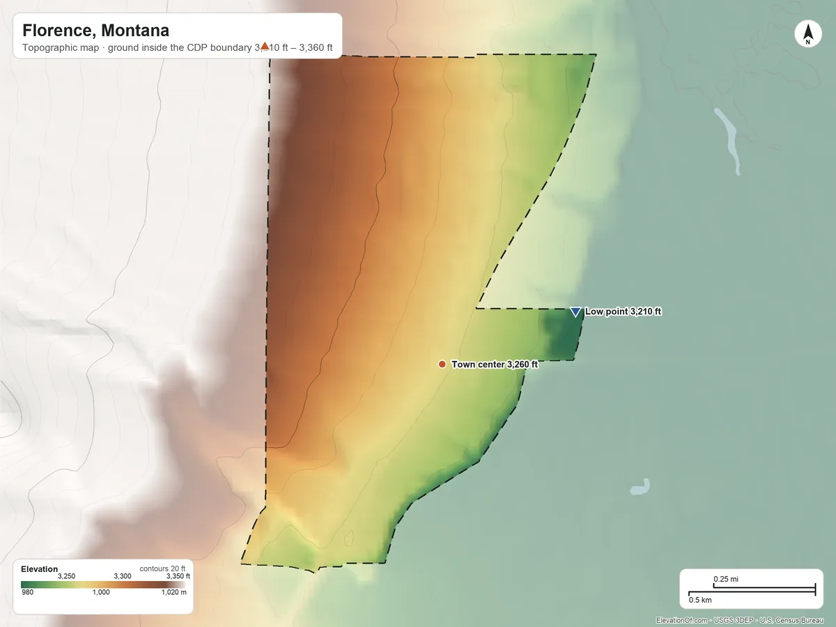 Topographic elevation map of Florence, Montana, shaded from 3,210 ft on the east side to 3,360 ft at the foot of the Bitterroot Mountains