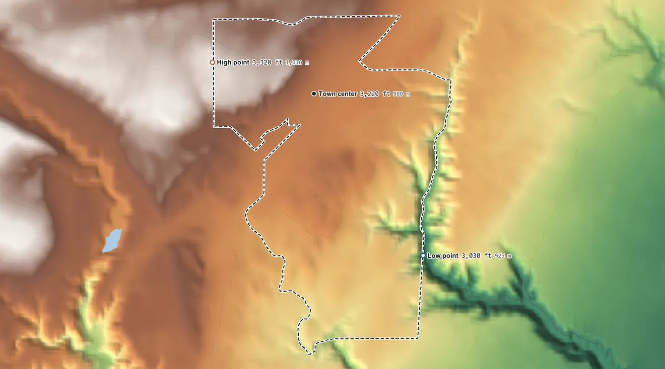 Topographic elevation map of Floweree, Montana, shaded from 3,030 ft on the southeast side to 3,320 ft on the west side