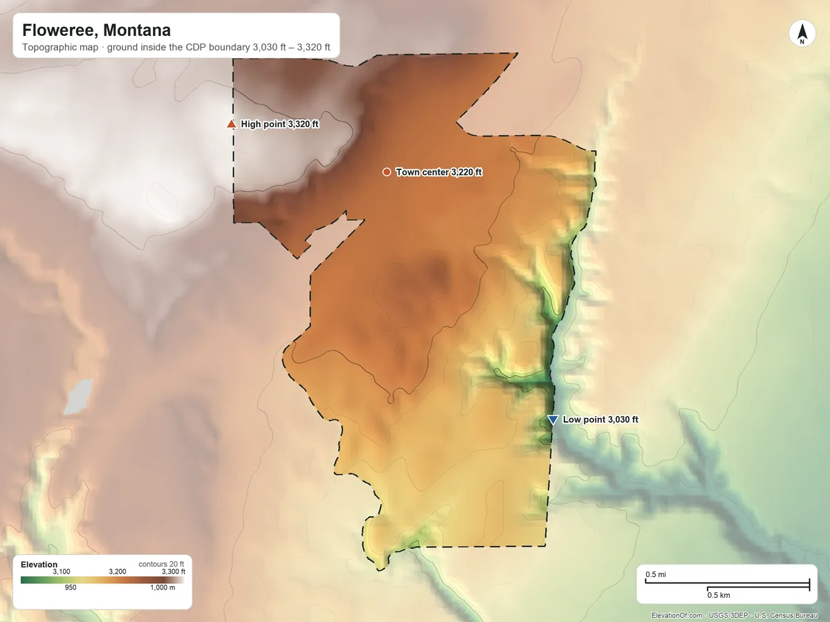 Topographic elevation map of Floweree, Montana, shaded from 3,030 ft on the southeast side to 3,320 ft on the west side