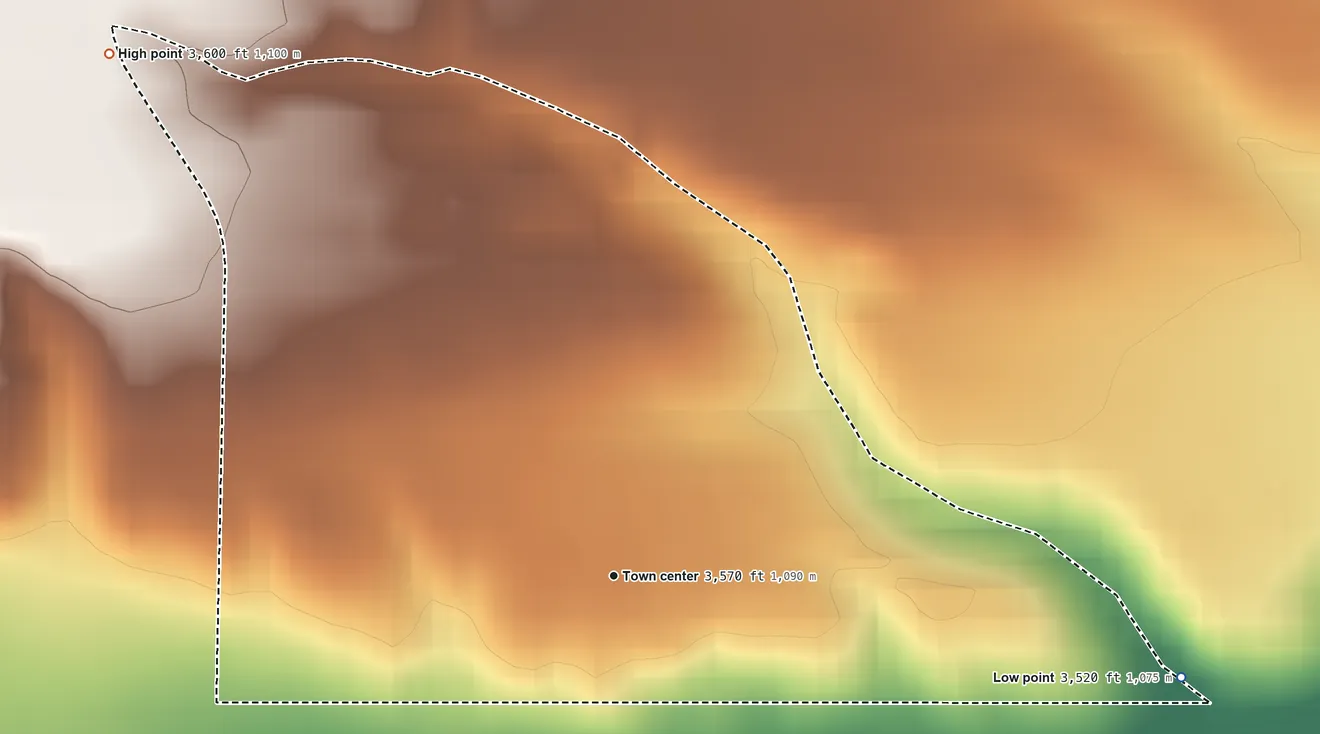 Topographic elevation map of Fords Creek Colony, Montana, shaded from 3,520 ft on the east side to 3,600 ft on the northwest side