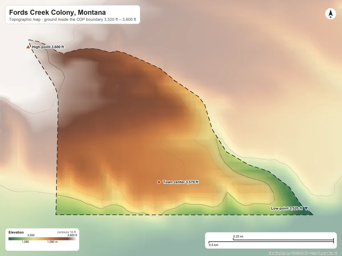 Topographic elevation map of Fords Creek Colony, Montana, shaded from 3,520 ft on the east side to 3,600 ft on the northwest side