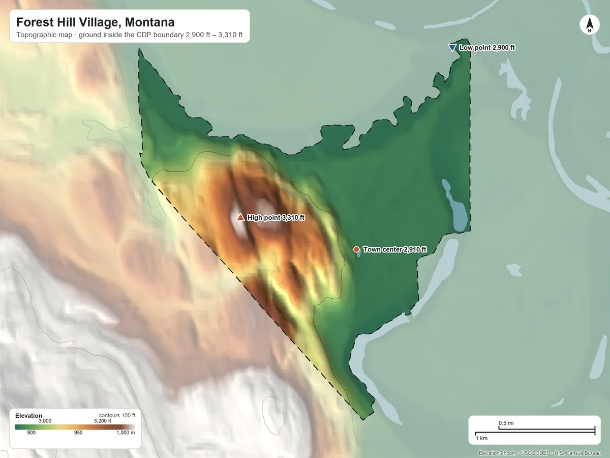 Topographic elevation map of Forest Hill Village, Montana, shaded from 2,900 ft on the northeast side to 3,310 ft on the west edge, below higher ground just outside