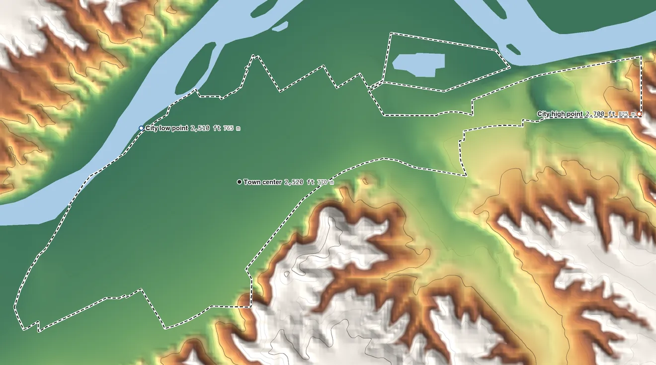 Topographic elevation map of Forsyth, Montana, shaded from 2,510 ft on the northwest side to 2,700 ft on the east side