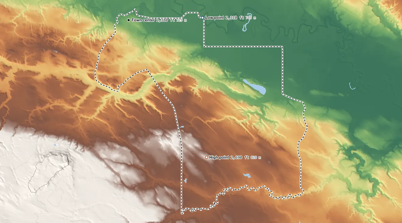 Topographic elevation map of Fort Belknap Agency, Montana, shaded from 2,310 ft on the east side to 2,690 ft on the southeast side