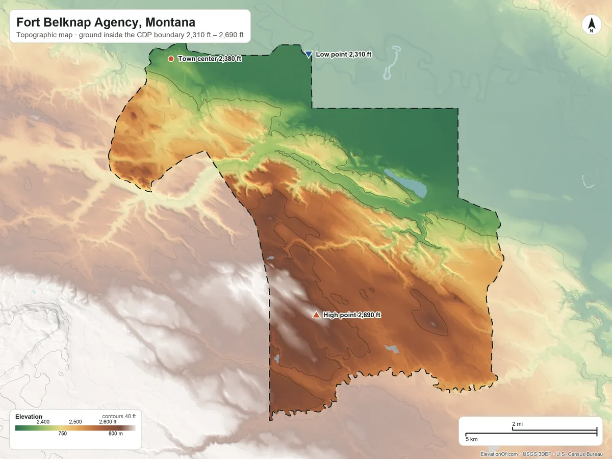 Topographic elevation map of Fort Belknap Agency, Montana, shaded from 2,310 ft on the east side to 2,690 ft on the southeast side