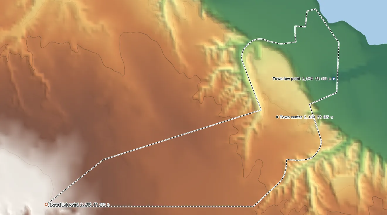 Topographic elevation map of Fort Peck, Montana, shaded from 2,040 ft on the northeast side to 2,280 ft on the west side