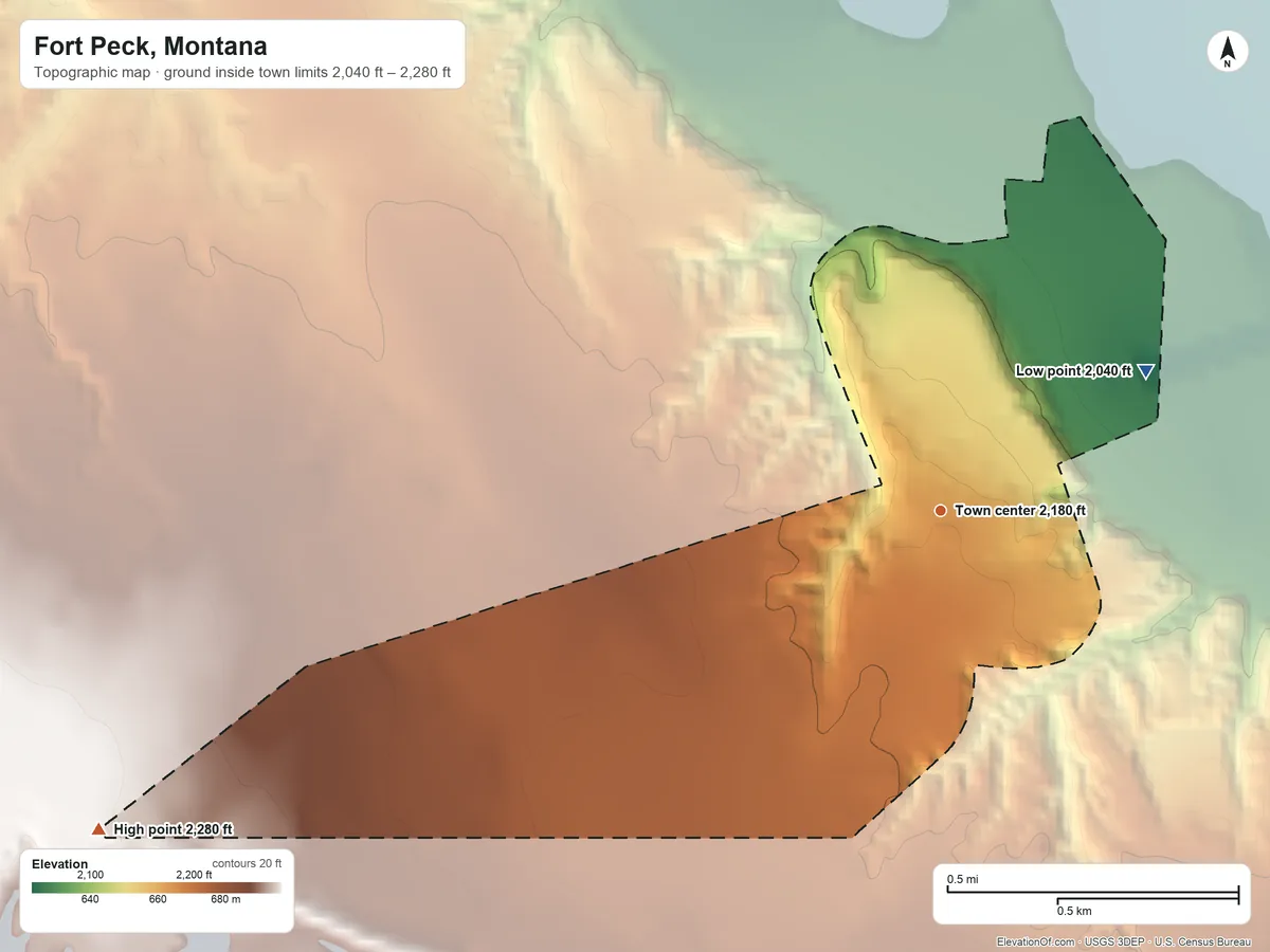 Topographic elevation map of Fort Peck, Montana, shaded from 2,040 ft on the northeast side to 2,280 ft on the west side