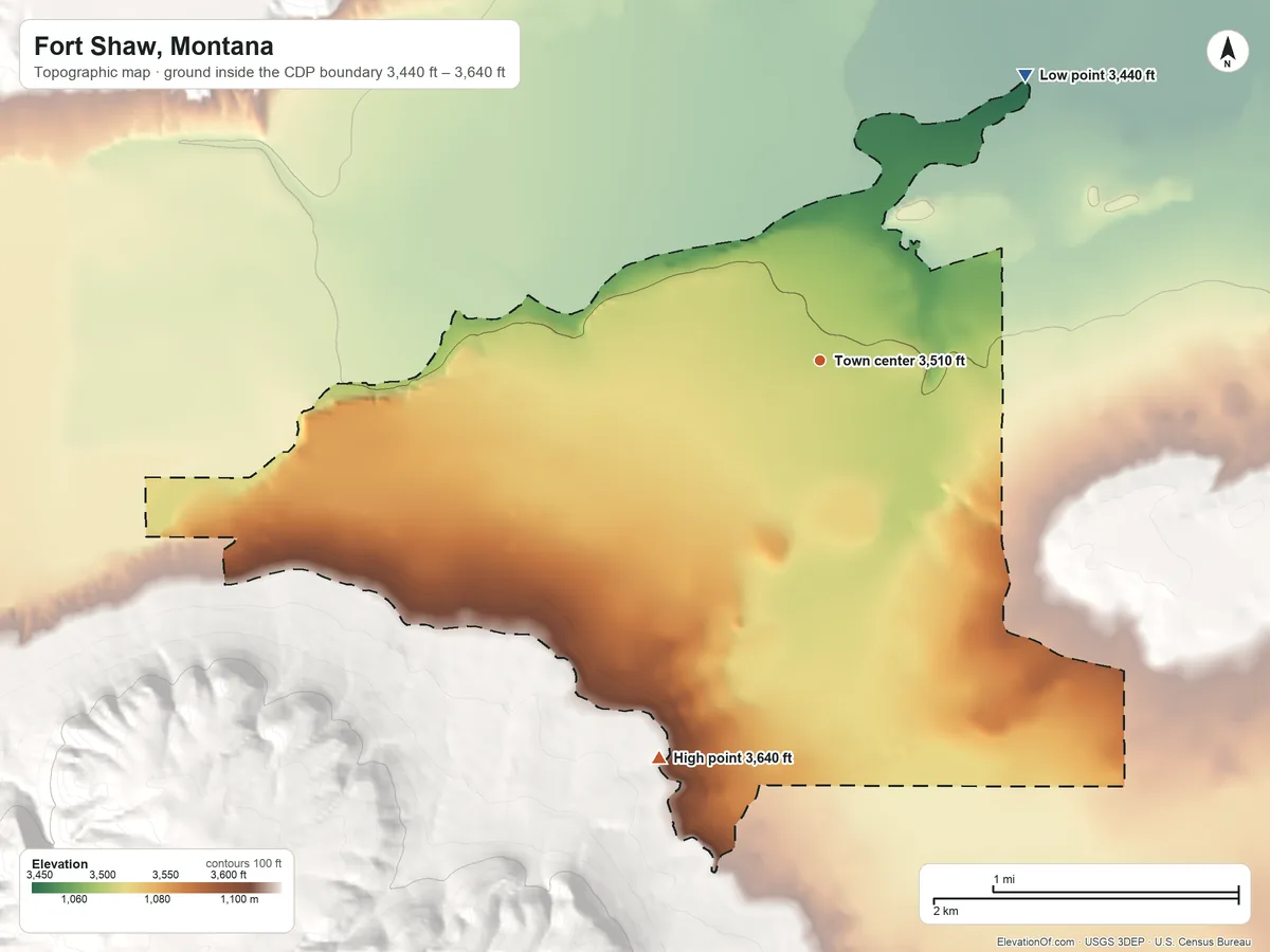 Topographic elevation map of Fort Shaw, Montana, shaded from 3,440 ft on the northeast side to 3,640 ft on the south edge, below higher ground just outside