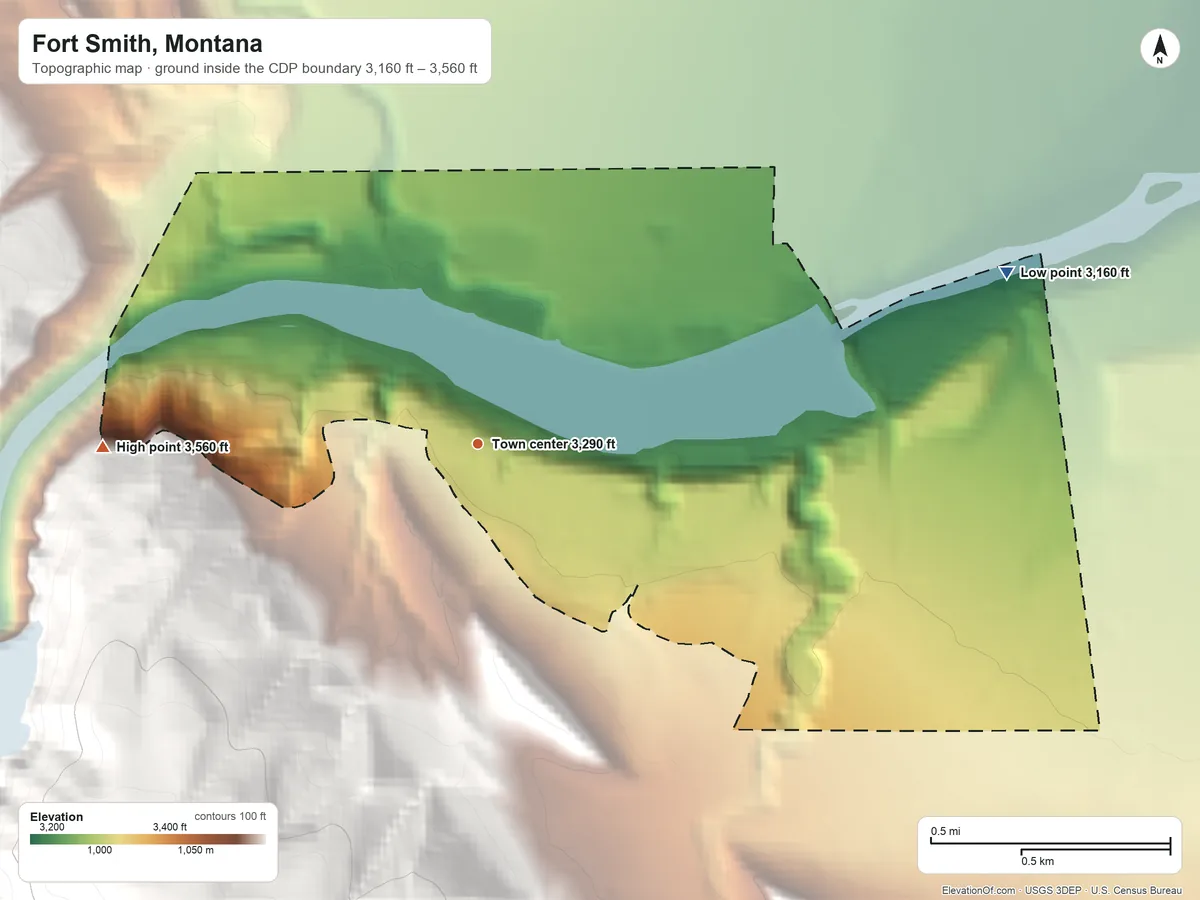 Topographic elevation map of Fort Smith, Montana, shaded from 3,160 ft on the east side to 3,560 ft on the west edge, below higher ground just outside