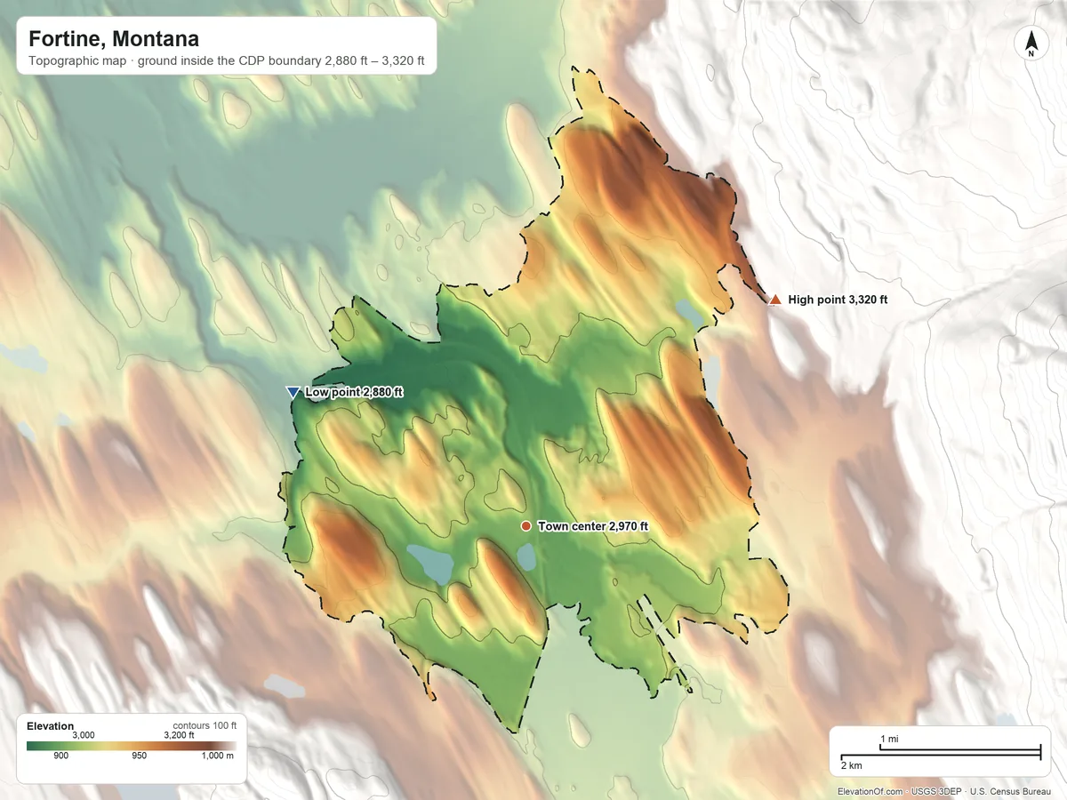 Topographic elevation map of Fortine, Montana, shaded from 2,880 ft on the northwest side to 3,320 ft at the foot of the Whitefish Range