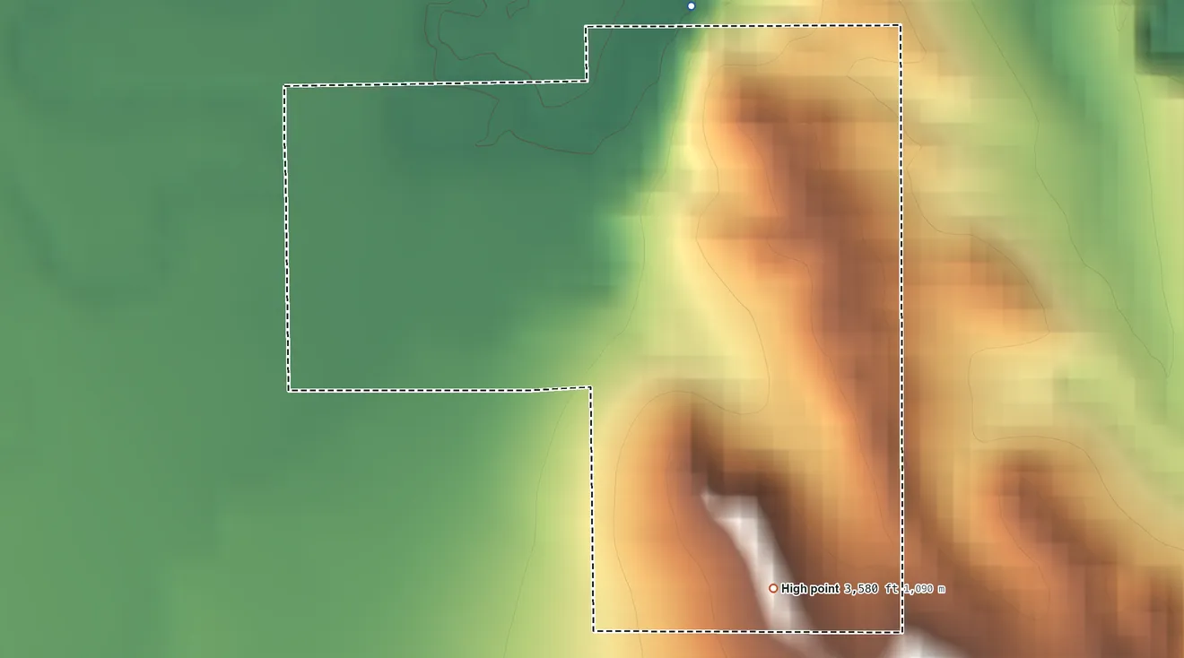 Topographic elevation map of Forty Mile Colony, Montana, shaded from 3,400 ft on the northeast side to 3,580 ft on the southeast side