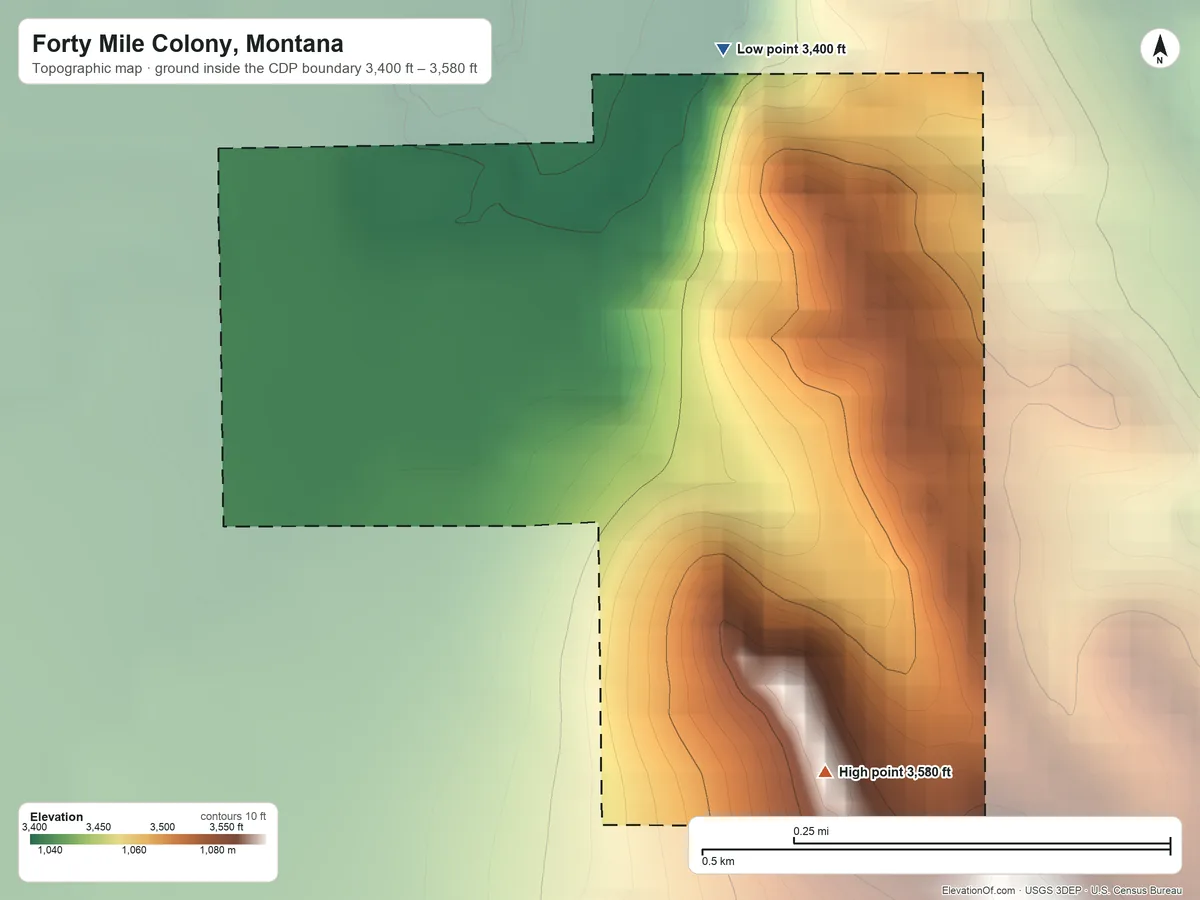Topographic elevation map of Forty Mile Colony, Montana, shaded from 3,400 ft on the northeast side to 3,580 ft on the southeast side