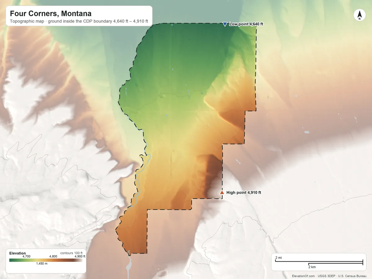 Topographic elevation map of Four Corners, Montana, shaded from 4,640 ft on the northeast side to 4,910 ft on the southeast side
