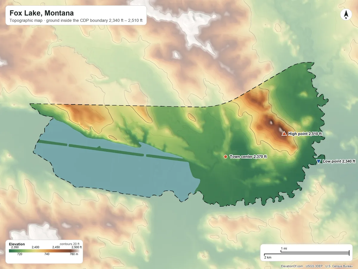 Topographic elevation map of Fox Lake, Montana, shaded from 2,340 ft on the east side to 2,510 ft on the east side