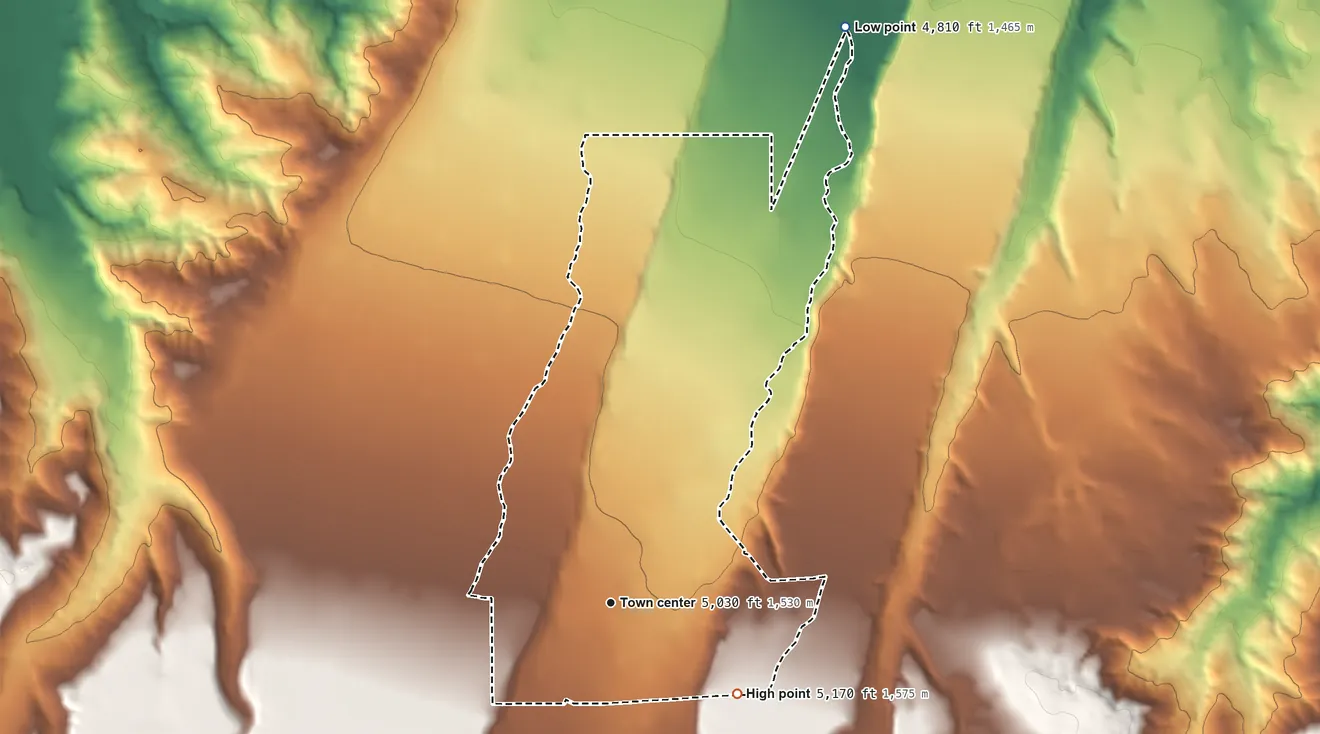 Topographic elevation map of Fox, Montana, shaded from 4,810 ft on the north side to 5,170 ft on the southeast side