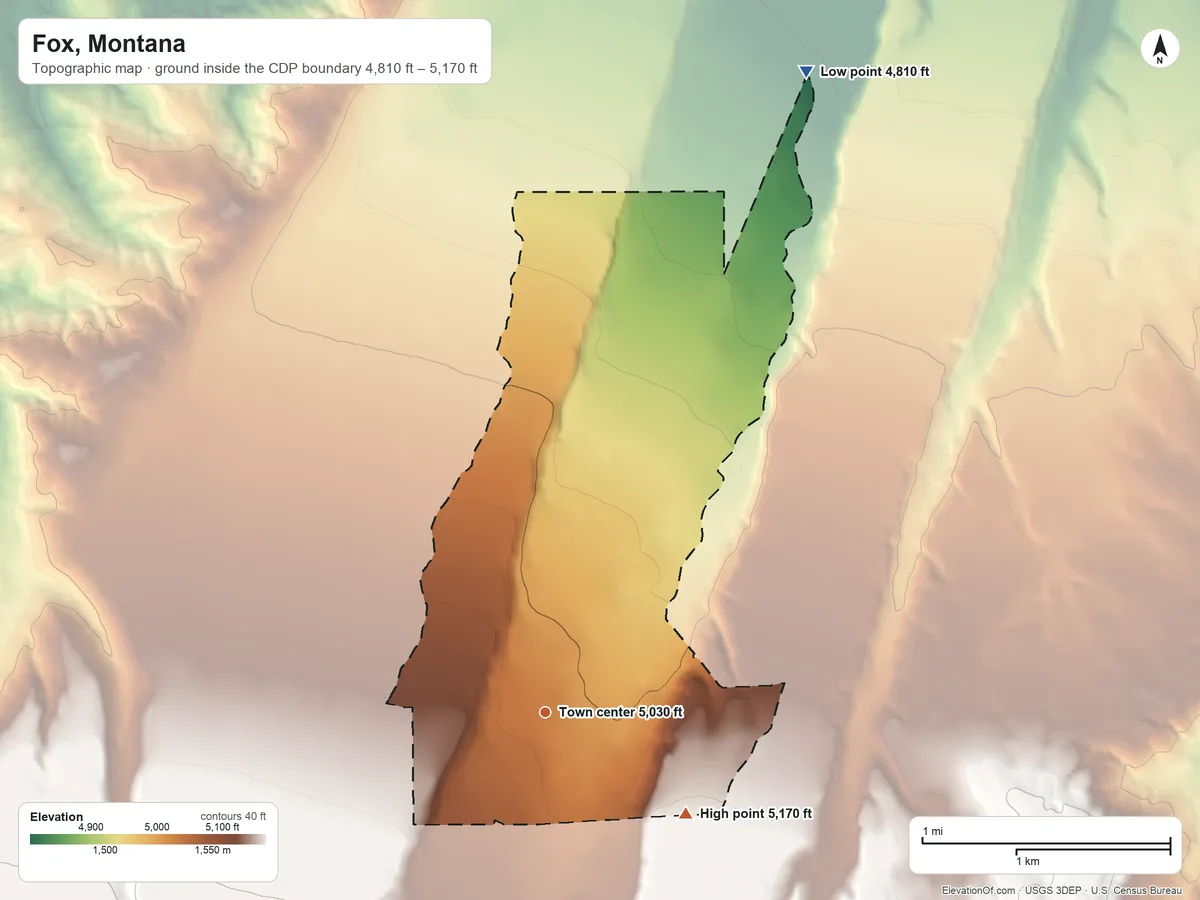Topographic elevation map of Fox, Montana, shaded from 4,810 ft on the north side to 5,170 ft on the southeast side