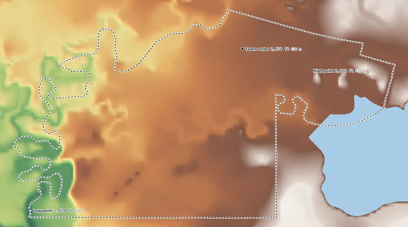 Topographic elevation map of Frazer, Montana, shaded from 2,020 ft on the southwest side to 2,080 ft on the east side