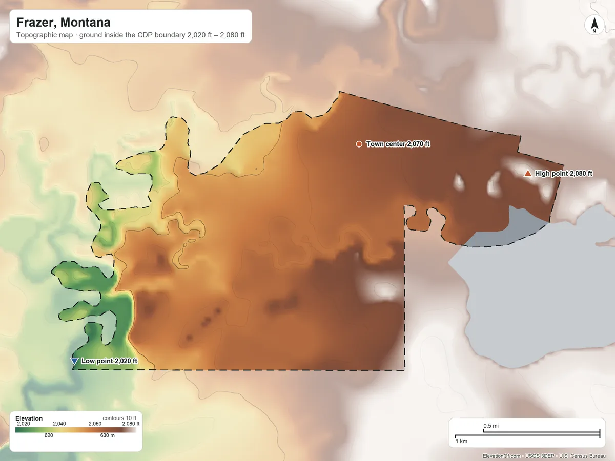 Topographic elevation map of Frazer, Montana, shaded from 2,020 ft on the southwest side to 2,080 ft on the east side