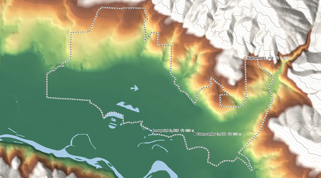 Topographic elevation map of Frenchtown, Montana, shaded from 3,020 ft on the west side to 3,690 ft at the foot of the North Hills