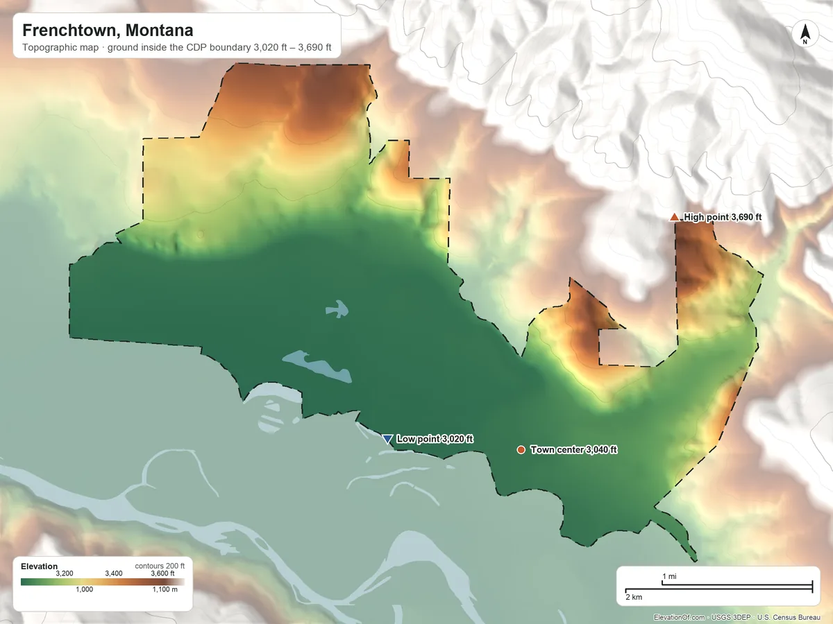 Topographic elevation map of Frenchtown, Montana, shaded from 3,020 ft on the west side to 3,690 ft at the foot of the North Hills