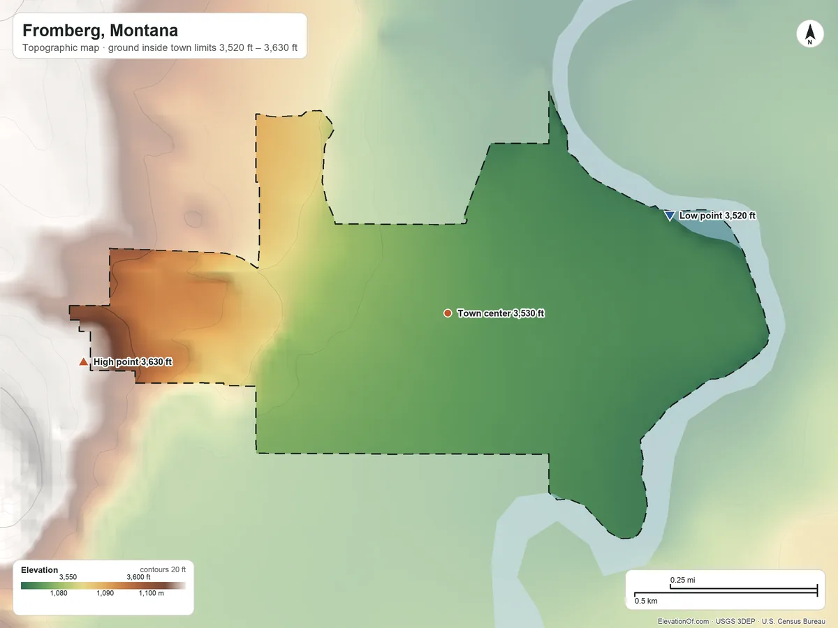 Topographic elevation map of Fromberg, Montana, shaded from 3,520 ft on the northeast side to 3,630 ft on the west edge, below higher ground just outside