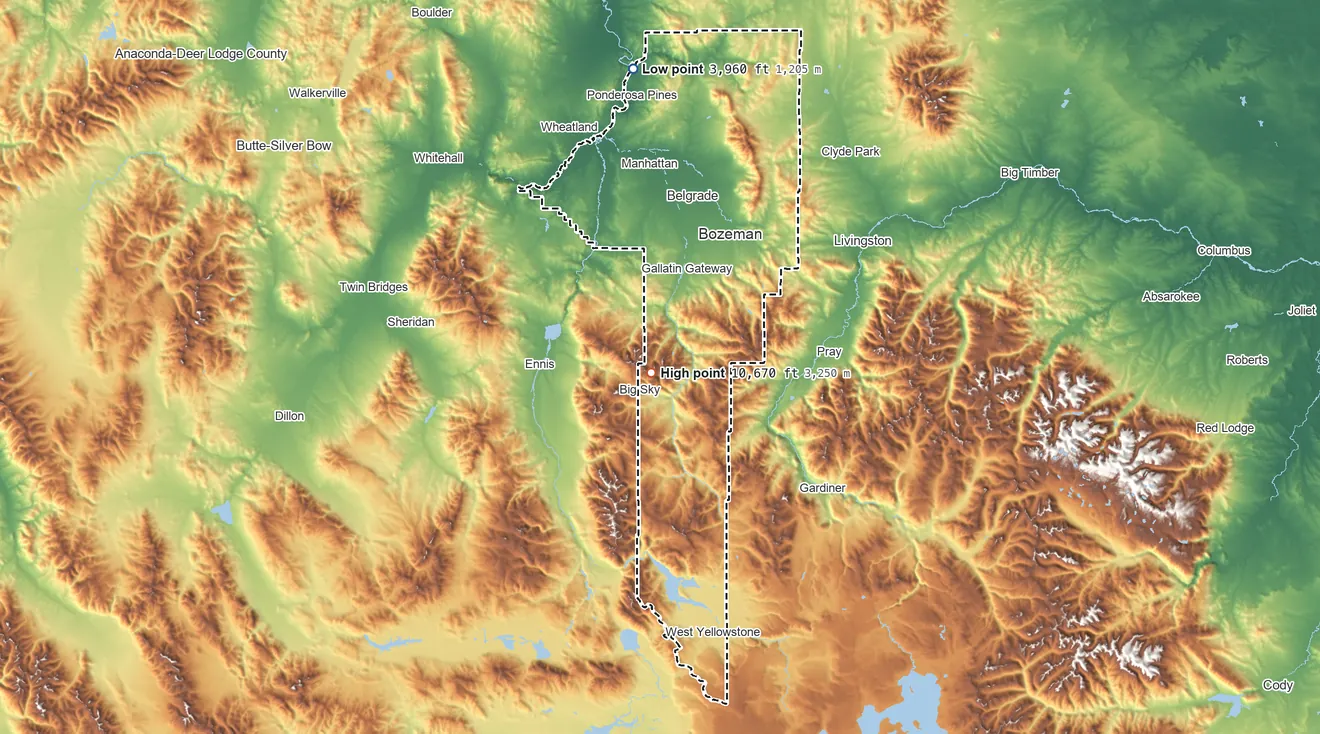 Topographic elevation map of Gallatin County, Montana, shaded from 3,960 ft on the north side to 10,670 ft on Wilson Peak