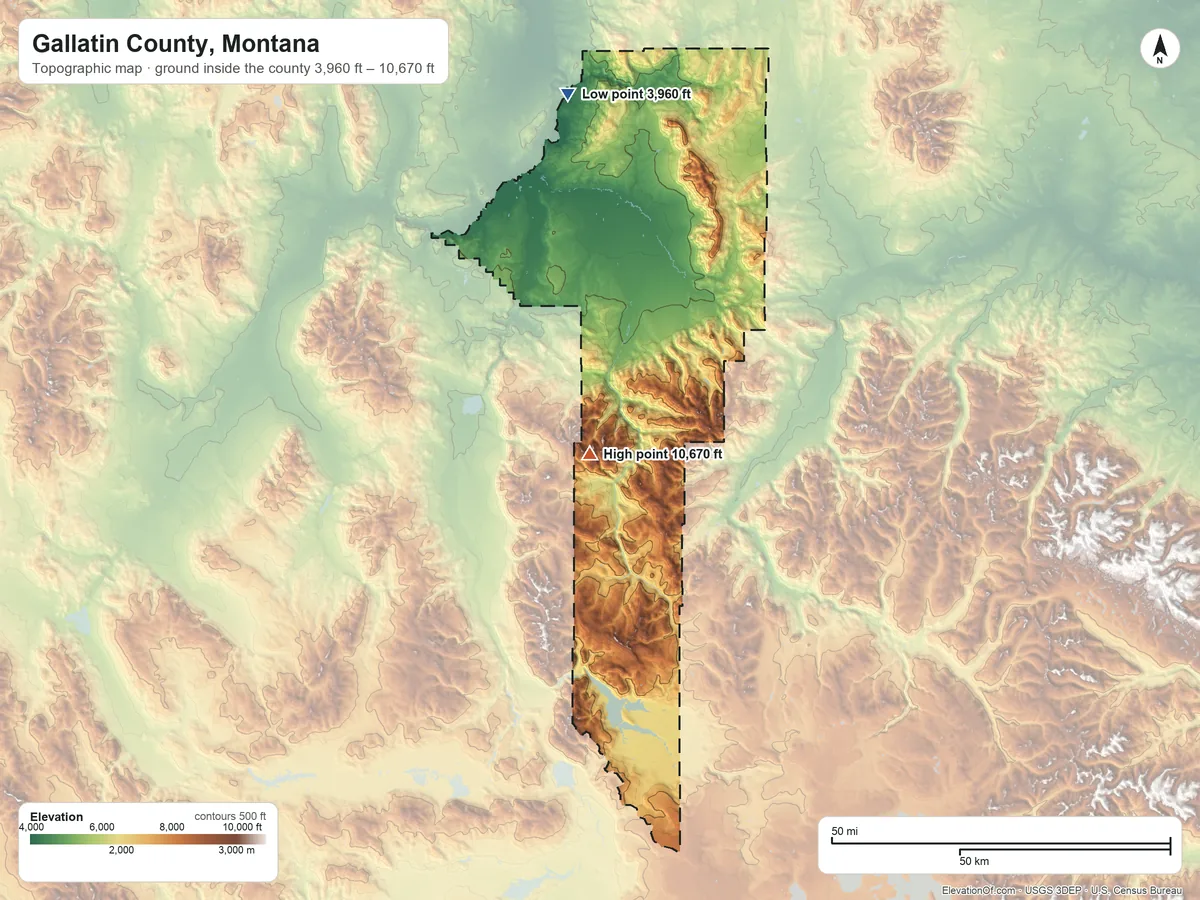 Topographic elevation map of Gallatin County, Montana, shaded from 3,960 ft on the north side to 10,670 ft on Wilson Peak