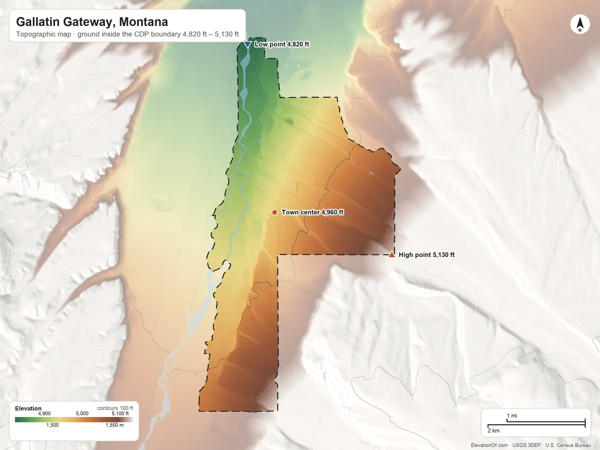 Topographic elevation map of Gallatin Gateway, Montana, shaded from 4,820 ft on the north side to 5,130 ft on the east edge, below higher ground just outside