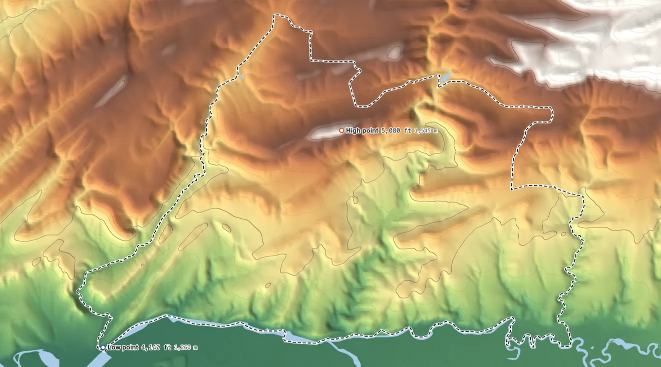 Topographic elevation map of Gallatin River Ranch, Montana, shaded from 4,140 ft on the southwest side to 5,080 ft on the north side