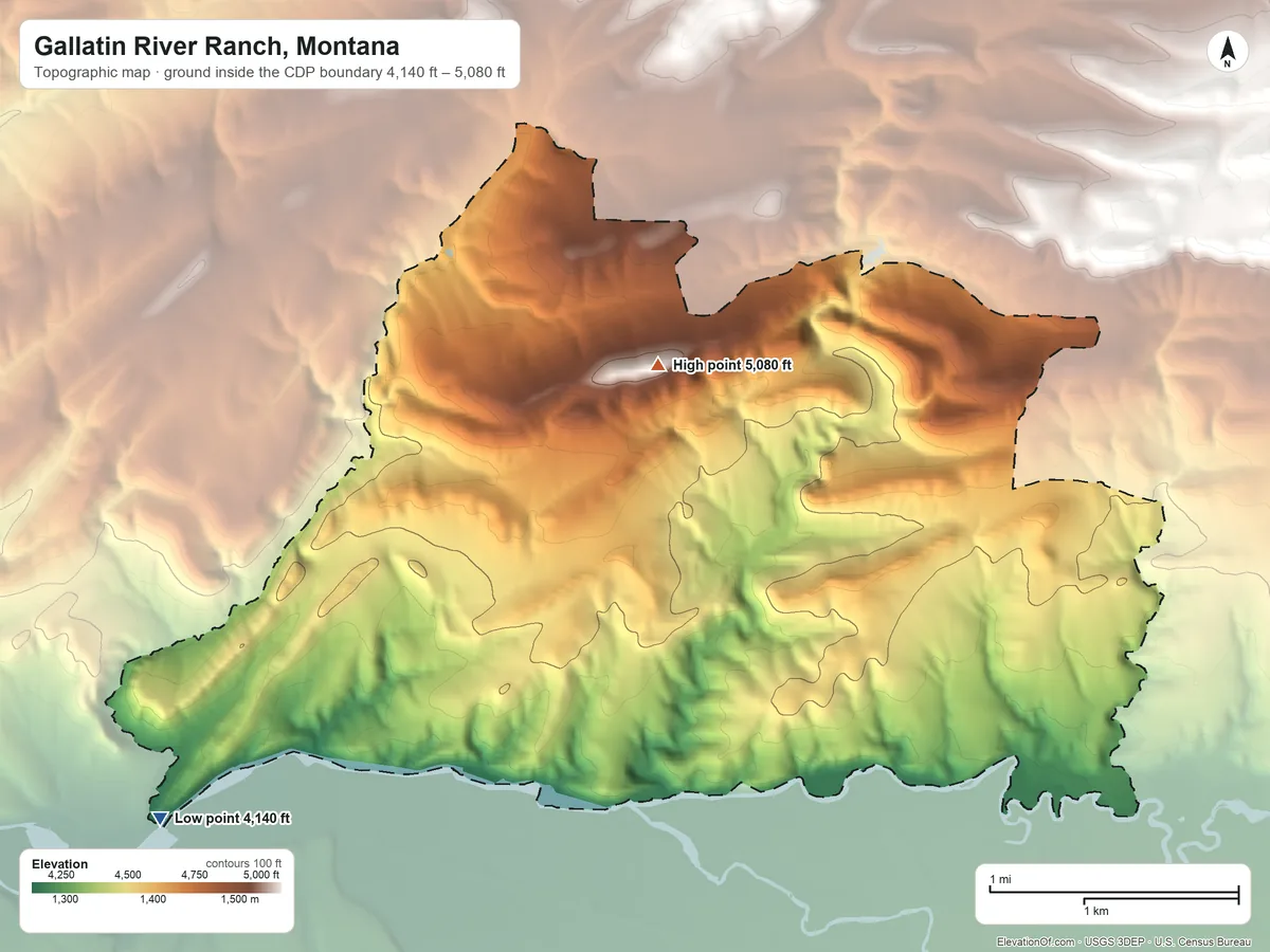 Topographic elevation map of Gallatin River Ranch, Montana, shaded from 4,140 ft on the southwest side to 5,080 ft on the north side