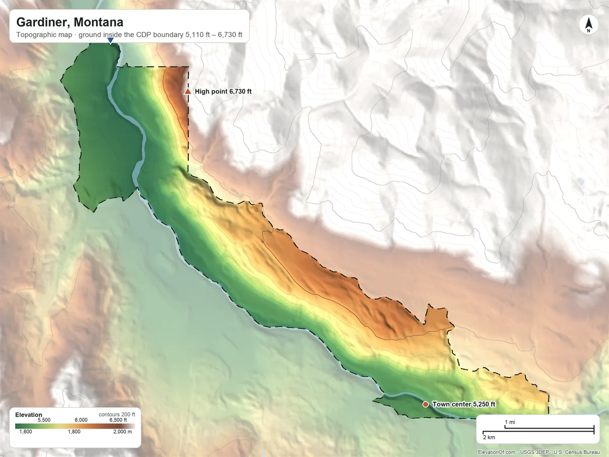 Topographic elevation map of Gardiner, Montana, shaded from 5,110 ft on the northwest side to 6,730 ft on the northwest edge, below higher ground just outside