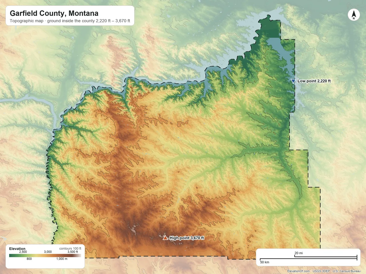 Topographic elevation map of Garfield County, Montana, shaded from 2,220 ft on the northeast side to 3,670 ft on the south side