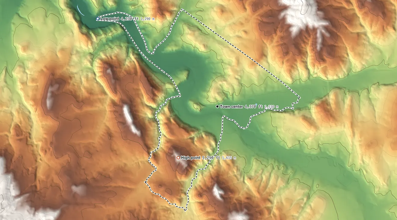 Topographic elevation map of Garrison, Montana, shaded from 4,230 ft on the northwest side to 5,290 ft on the southwest side