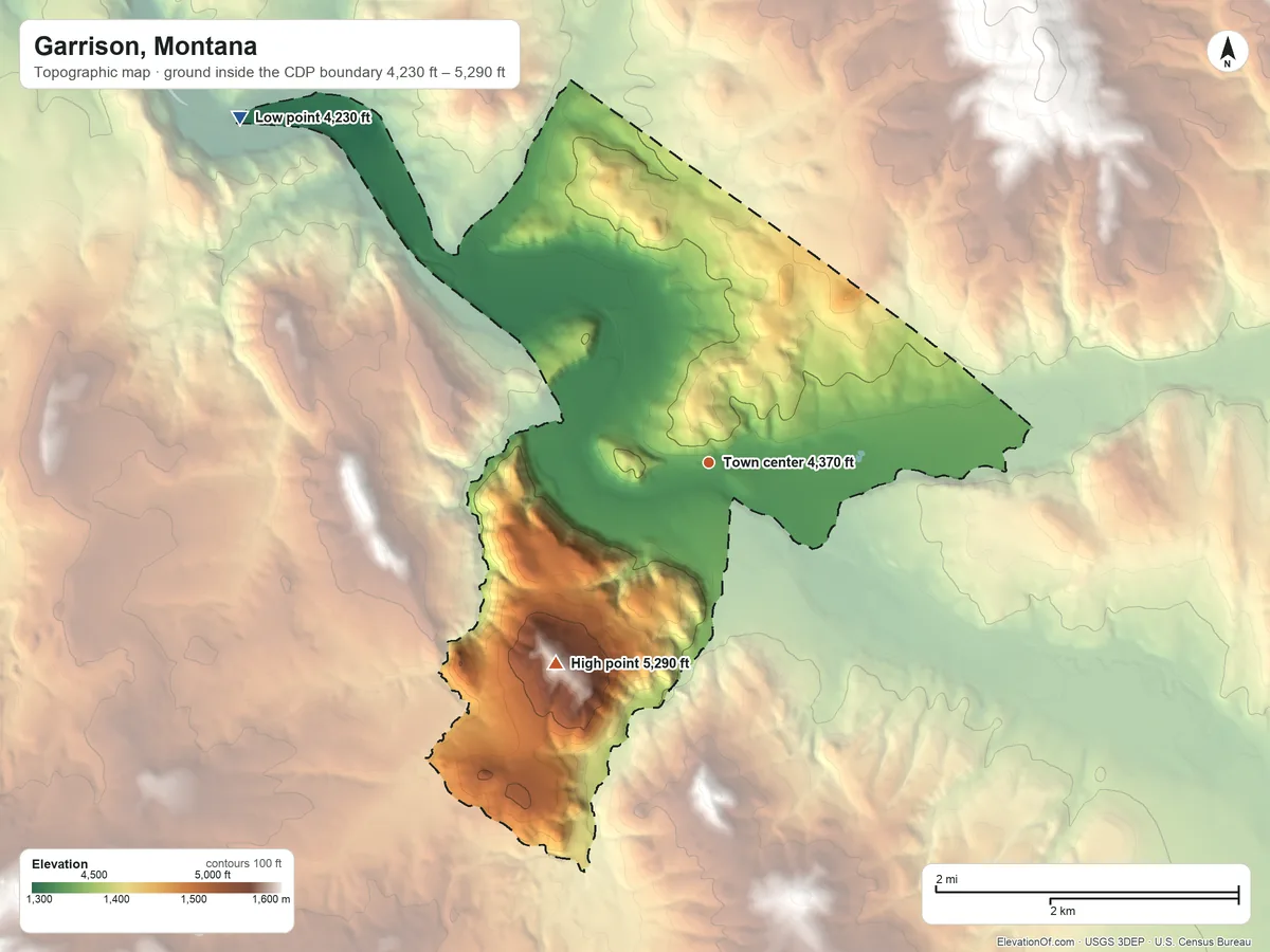 Topographic elevation map of Garrison, Montana, shaded from 4,230 ft on the northwest side to 5,290 ft on the southwest side