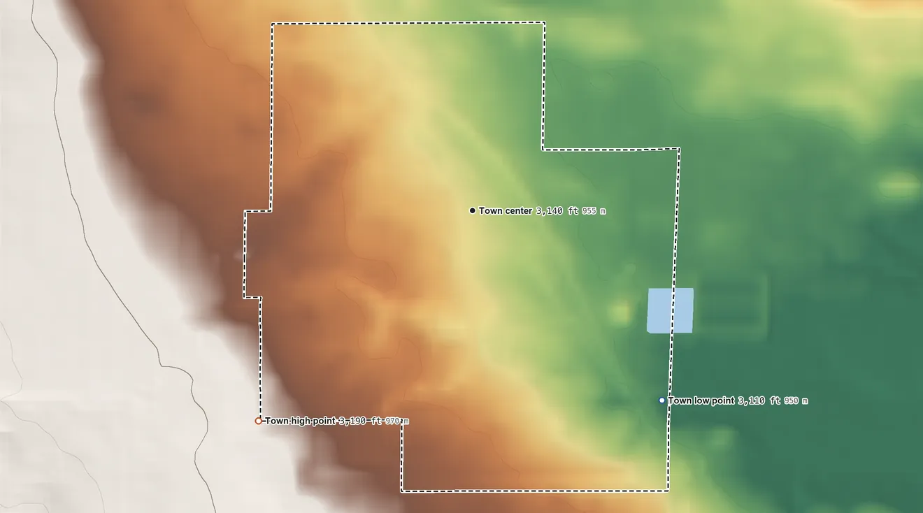 Topographic elevation map of Geraldine, Montana, shaded from 3,110 ft on the southeast side to 3,190 ft on the southwest edge, below higher ground just outside