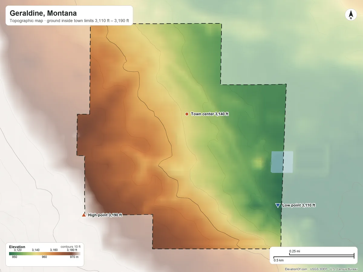 Topographic elevation map of Geraldine, Montana, shaded from 3,110 ft on the southeast side to 3,190 ft on the southwest edge, below higher ground just outside