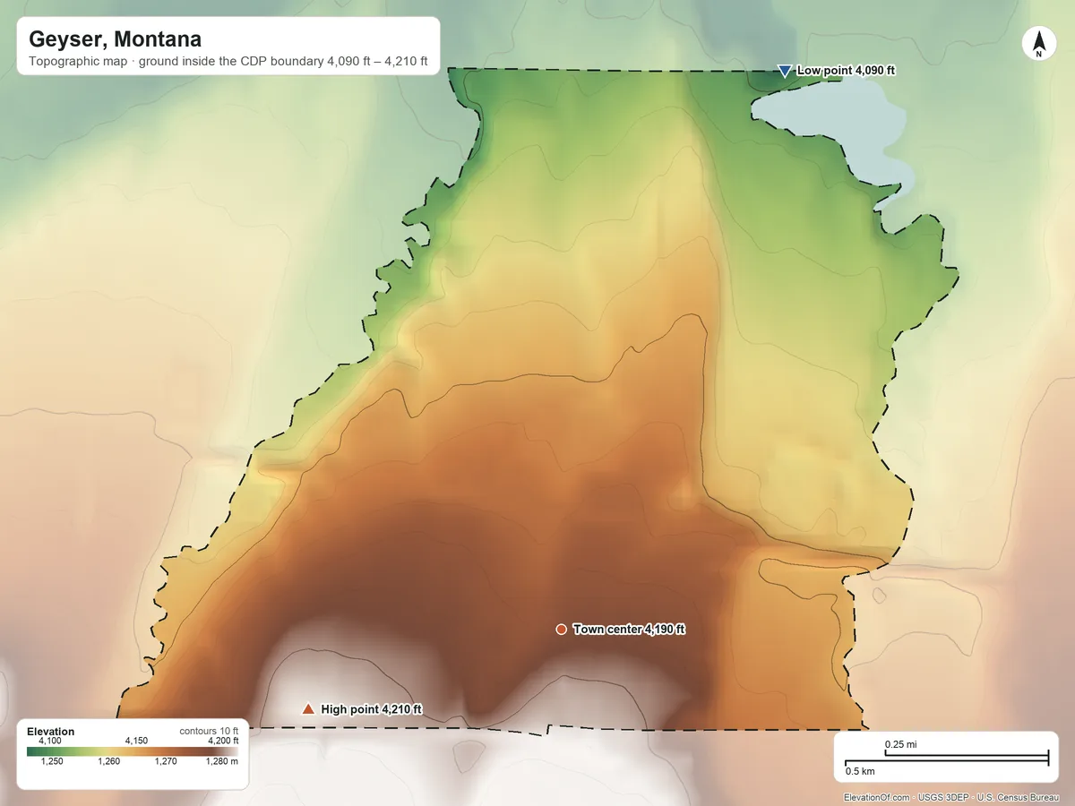 Topographic elevation map of Geyser, Montana, shaded from 4,090 ft on the north side to 4,210 ft on the west side