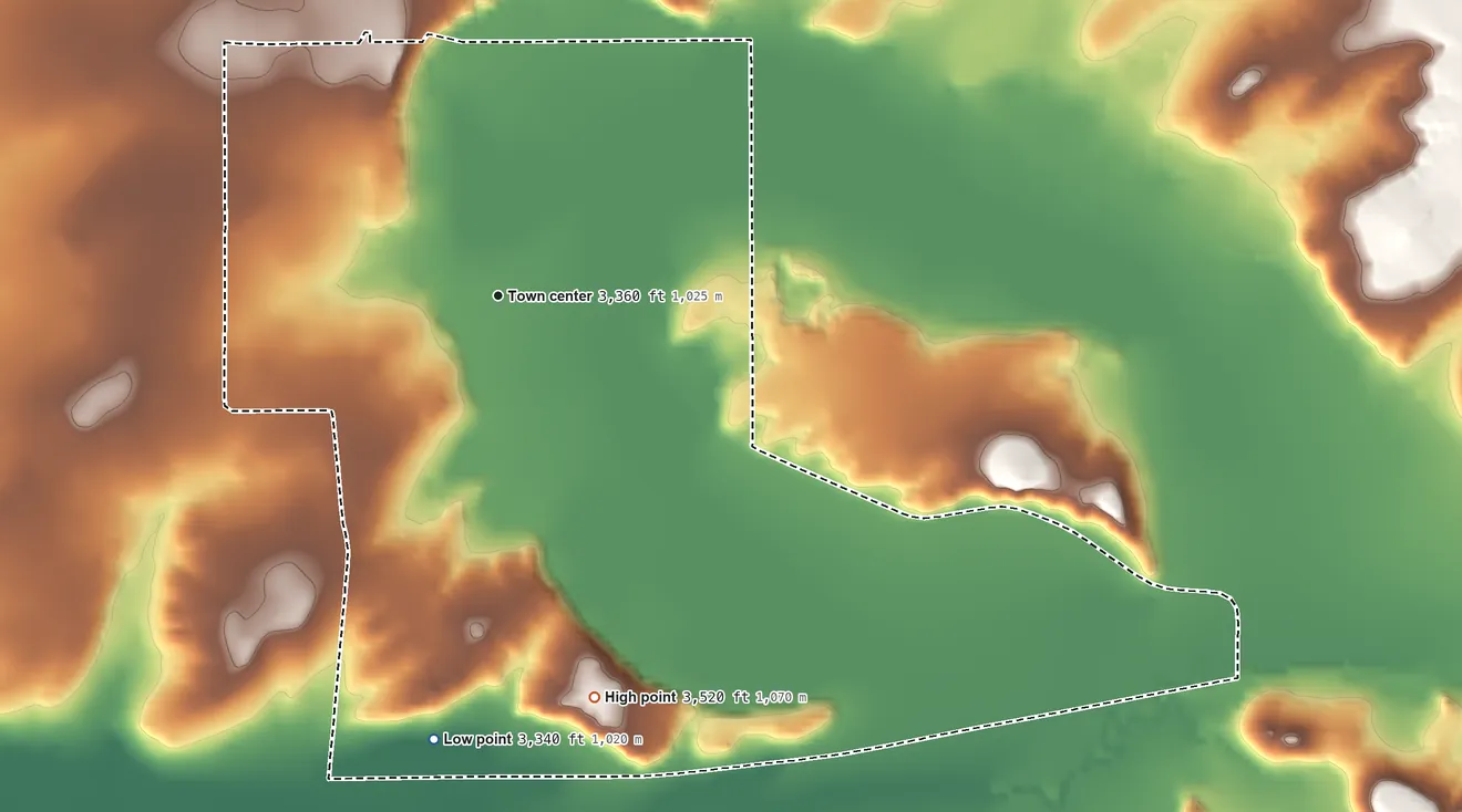 Topographic elevation map of Gibson Flats, Montana, shaded from 3,340 ft on the south side to 3,520 ft on the south side