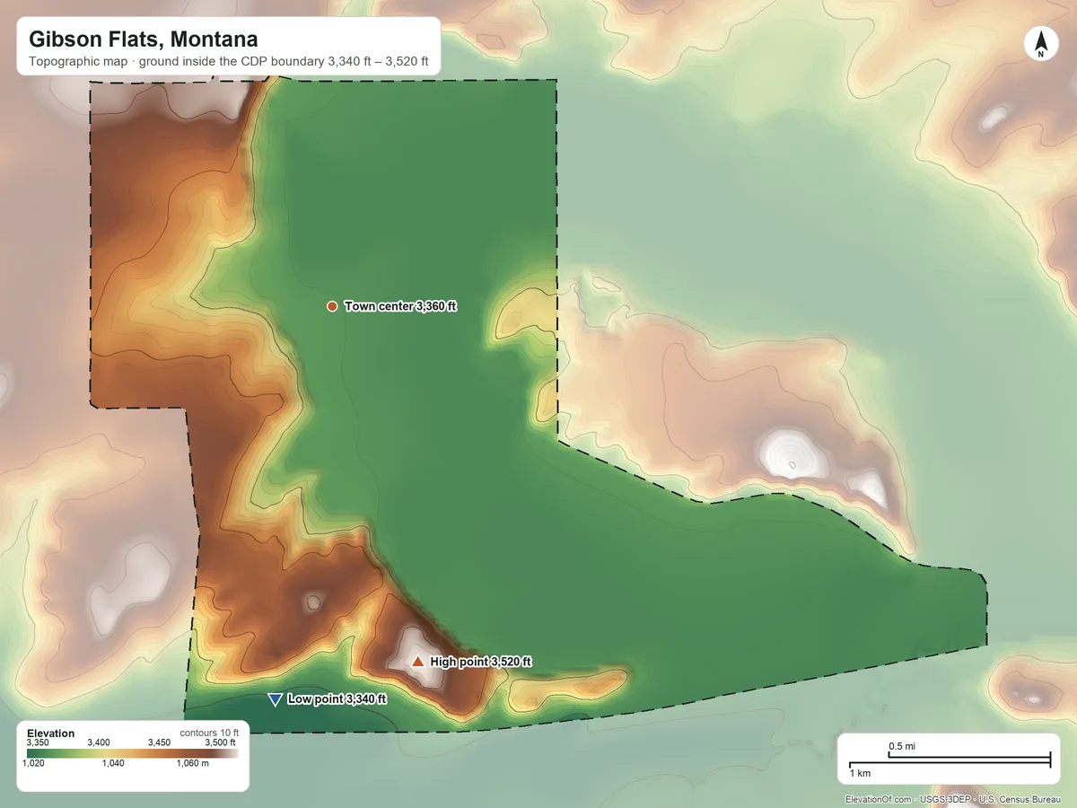 Topographic elevation map of Gibson Flats, Montana, shaded from 3,340 ft on the south side to 3,520 ft on the south side