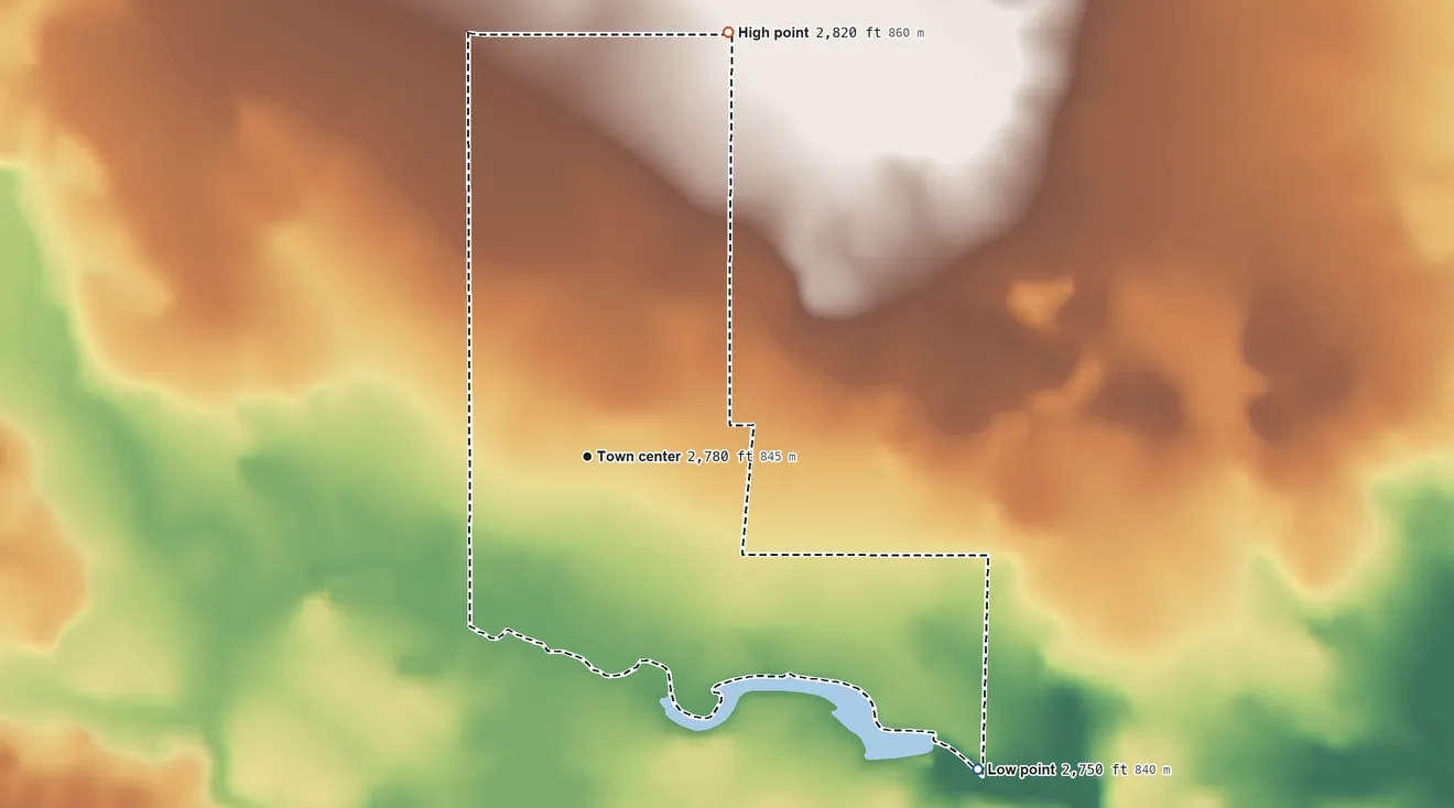 Topographic elevation map of Gildford Colony, Montana, shaded from 2,750 ft on the southeast side to 2,820 ft on the north side
