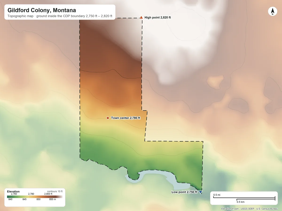 Topographic elevation map of Gildford Colony, Montana, shaded from 2,750 ft on the southeast side to 2,820 ft on the north side