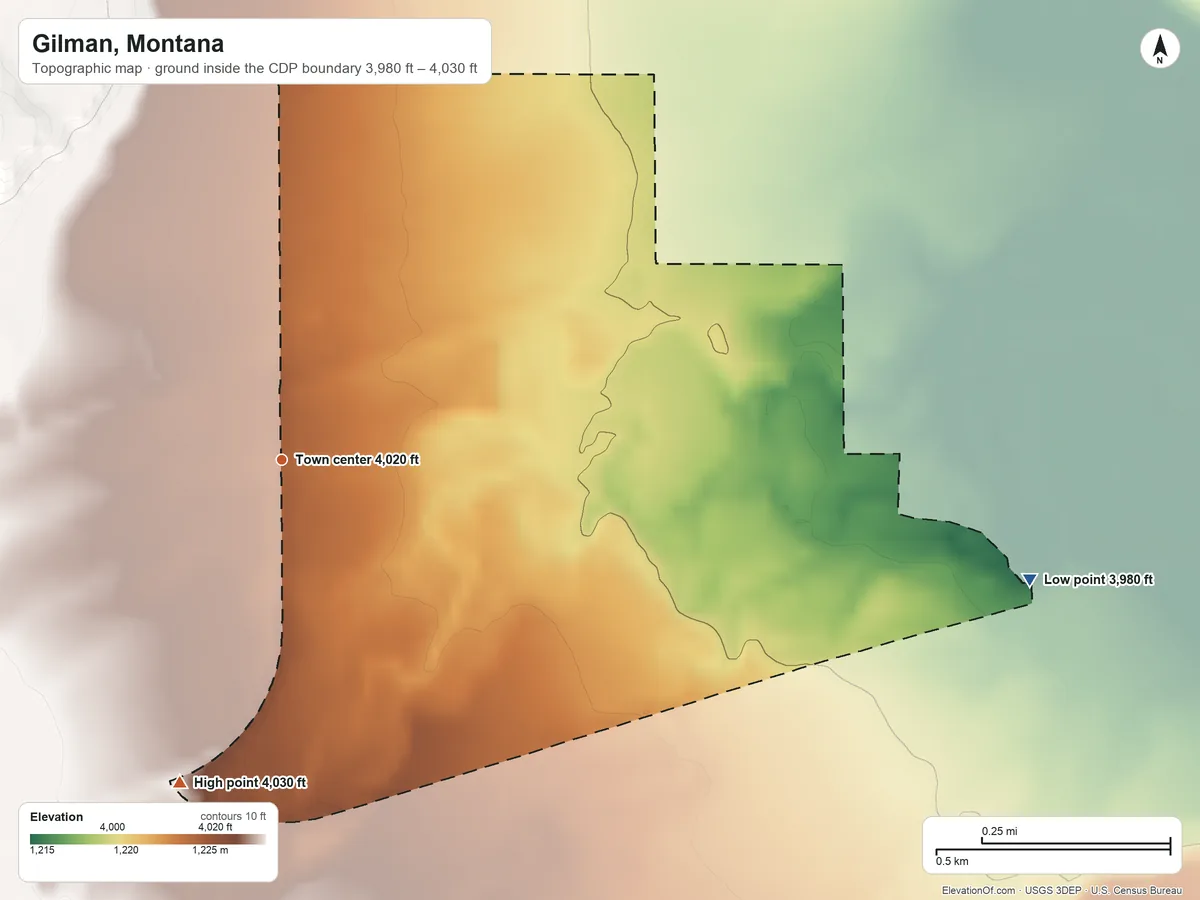 Topographic elevation map of Gilman, Montana, shaded from 3,980 ft on the east side to 4,030 ft on the south side