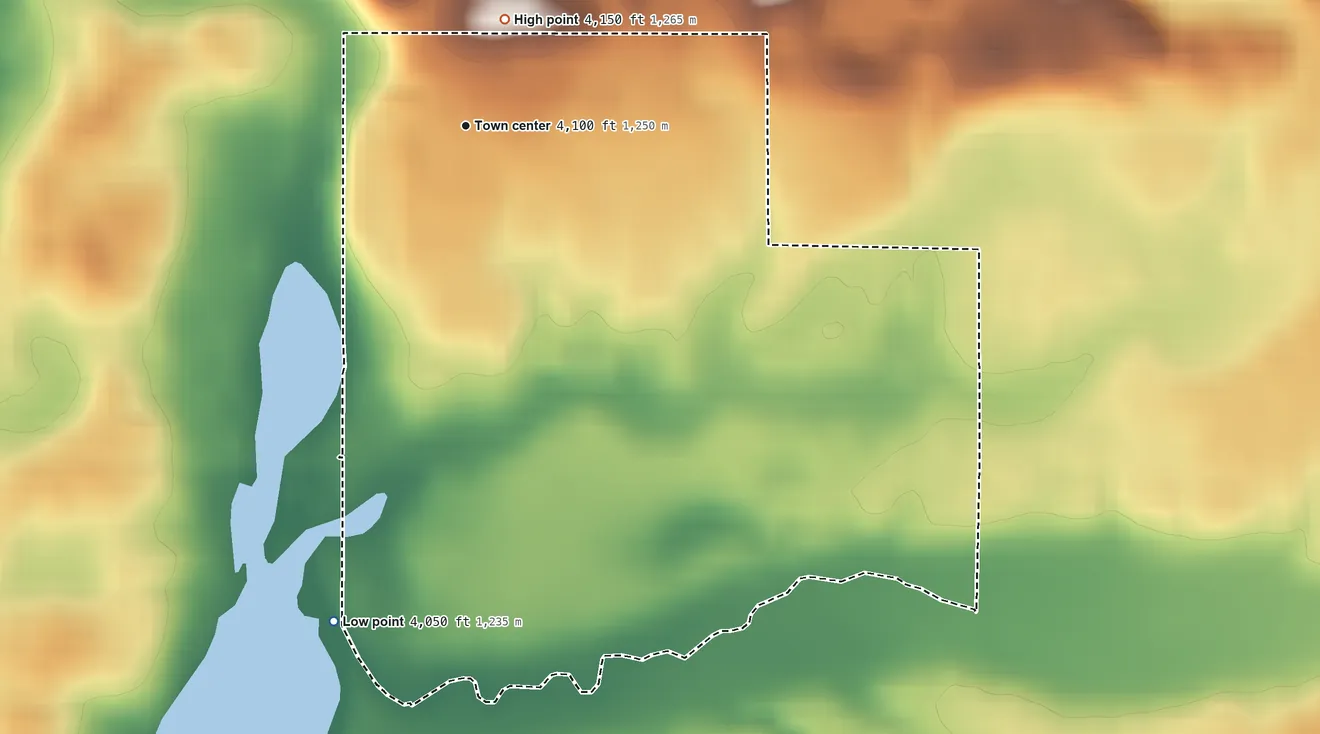 Topographic elevation map of Glacier Colony, Montana, shaded from 4,050 ft on the south side to 4,150 ft on the north side