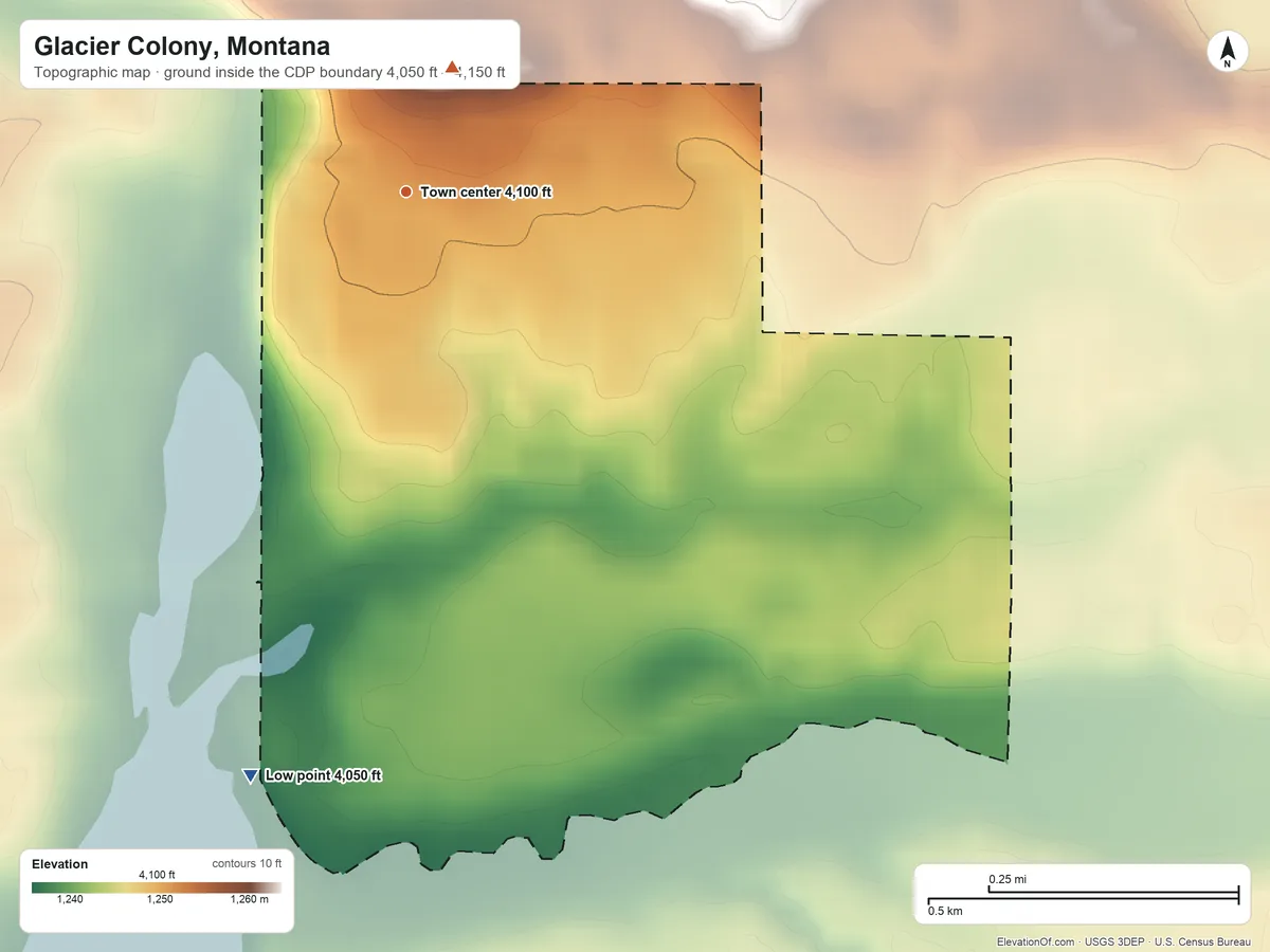 Topographic elevation map of Glacier Colony, Montana, shaded from 4,050 ft on the south side to 4,150 ft on the north side