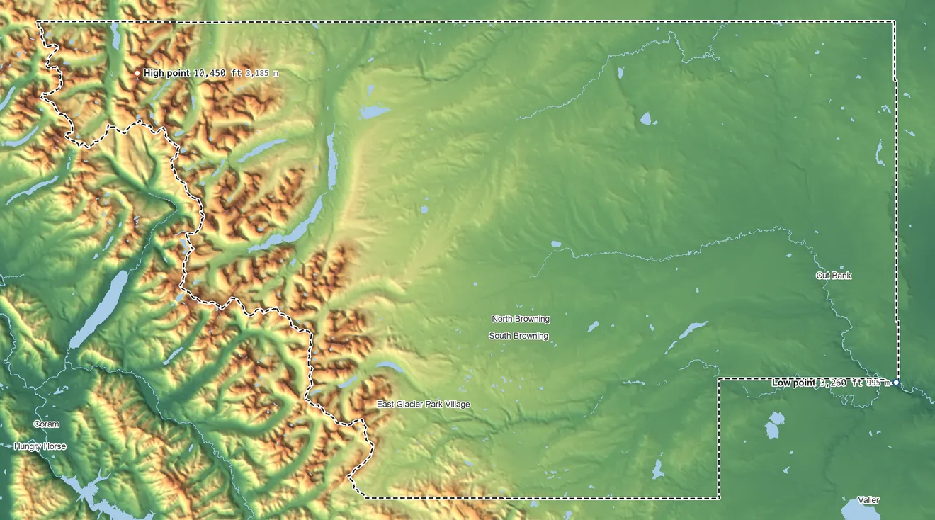 Topographic elevation map of Glacier County, Montana, shaded from 3,260 ft on the east side to 10,450 ft on Mount Cleveland