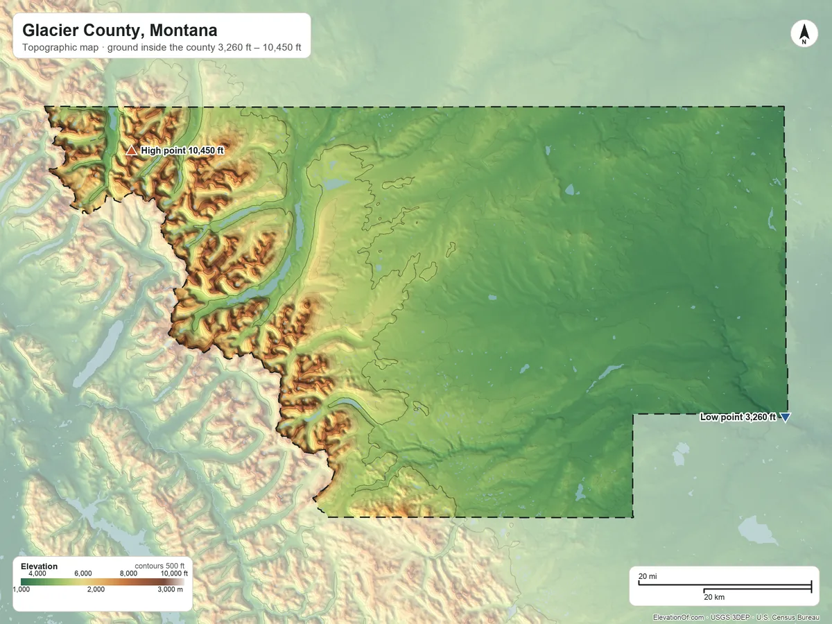 Topographic elevation map of Glacier County, Montana, shaded from 3,260 ft on the east side to 10,450 ft on Mount Cleveland