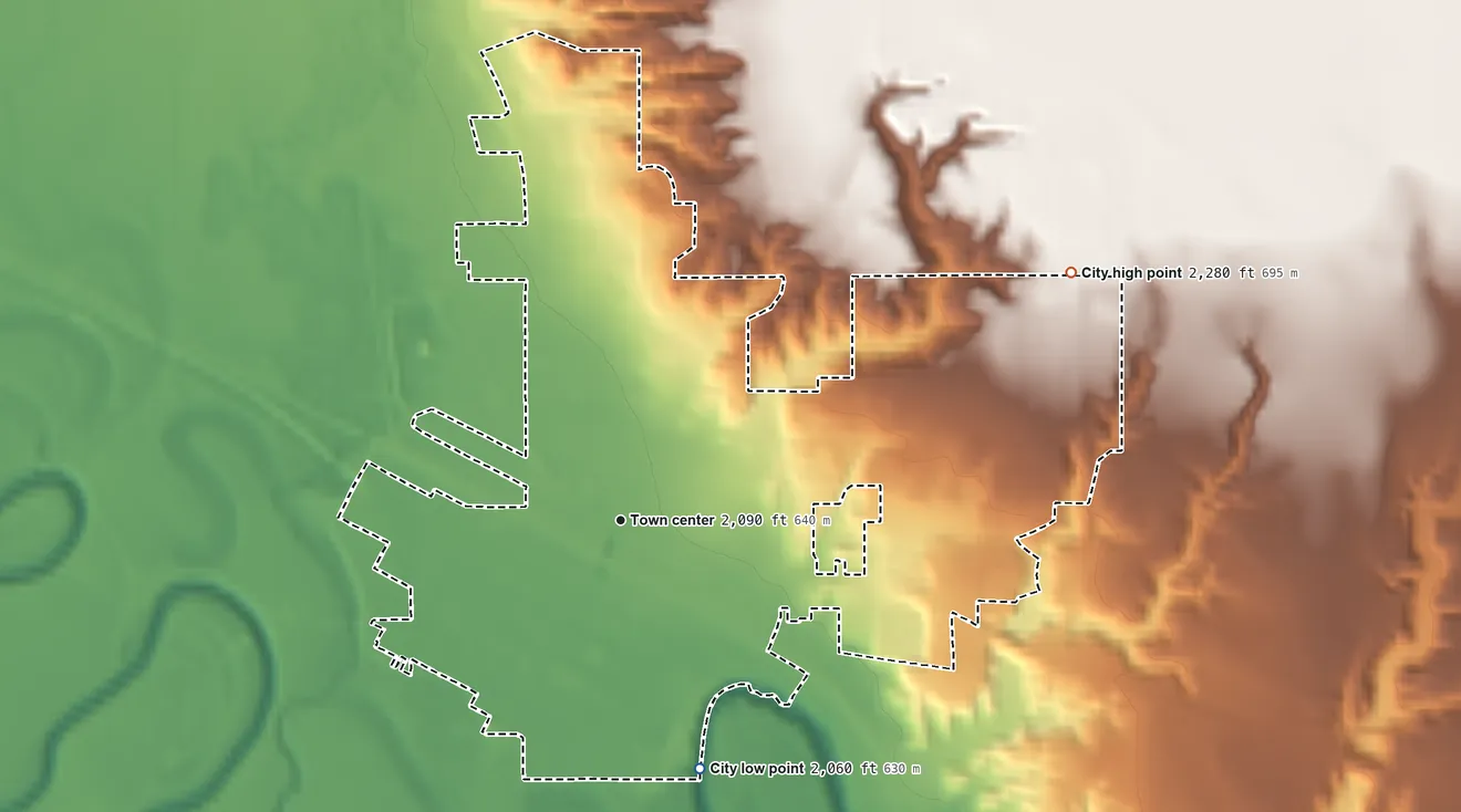 Topographic elevation map of Glasgow, Montana, shaded from 2,060 ft on the south side to 2,280 ft on the northeast side
